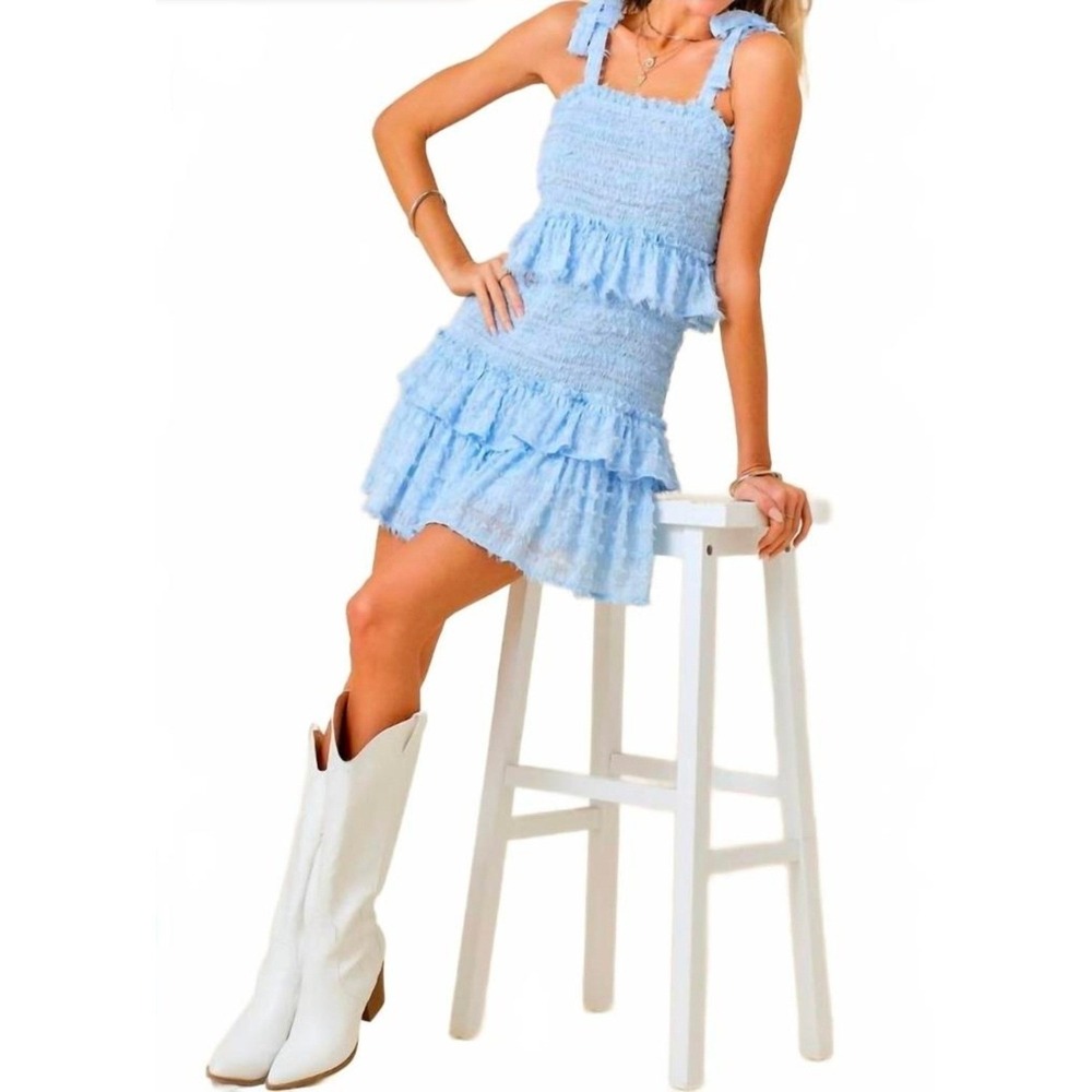 Baby Pink Light Blue Smocked Tiered Ruffle Mini Dress Size M Tie Strap Textured